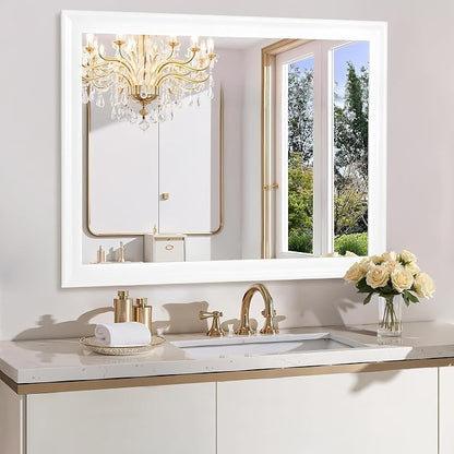 Tanmicoshomy White Rectangle Bathroom Wall Mirror 30x40 Inch | Tempered Glass, 4 Pre-Installed D-Ring Hooks, Vertical/Horizontal Wall Mount for Bedroom Living Room