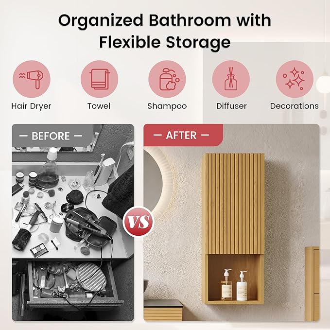 14" Floating Bathroom Storage Cabinet, Modern Wall Cabinets with Soft-Closing Door & Open Shelf, Bathroom Side Cabinet for Small Spaces, Apartment, Oak