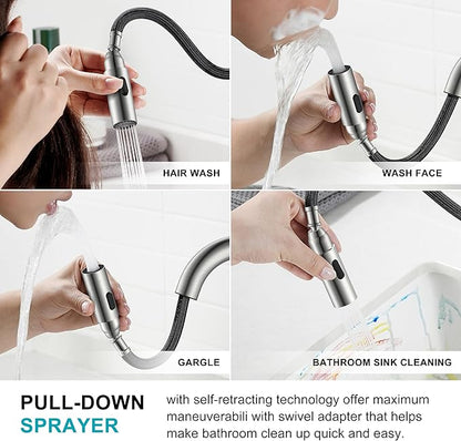 KENES Brushed Nickel Pull Down Bathroom Faucet, 4 Inch 2 Handle Centerset Bathroom Faucet 3 Hole with Pull Out Sprayer, Bathroom Sink Faucet with Pop Up Drain & Supply Lines LJ-9069
