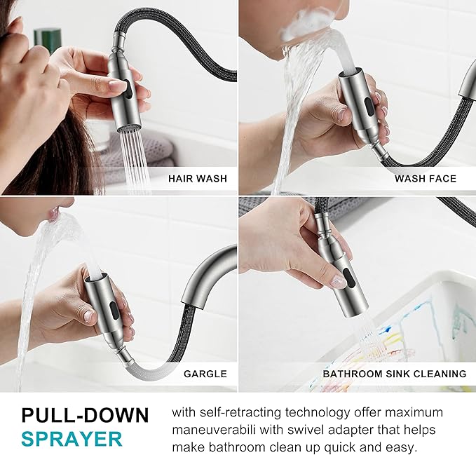 KENES Brushed Nickel Widespread Bathroom Faucet with Sprayer, 8 Inch 3 Hole Bathroom Sink Faucet with Pull Out Sprayer, Pull Down 2 Handle Vanity Faucet with Pop Up Drain & Supply Lines LJ-9068