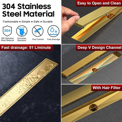 DLONE® Linear Shower Drain - 32 Inch Brushed Gold, with Tile Insert Panel | AISI 304 Stainless Steel Linear Drain, Rectangle Shower Floor Drain, with Adjustable Feet, Fits Bathroom & Balcony etc