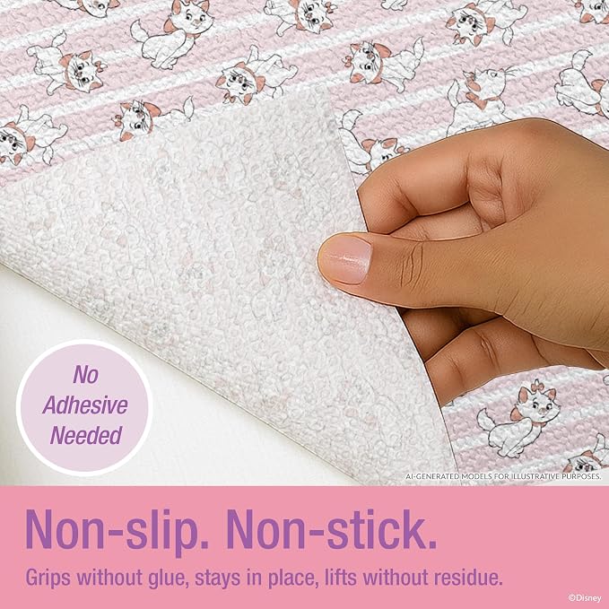 Disney Aristocats Non-Adhesive Shelf Liner, 18" x10', Non-Slip | Water and stain resistant, repositions without damage, cuts to fit, wipes clean, ideal for kitchen, pantry, fridge, or bath
