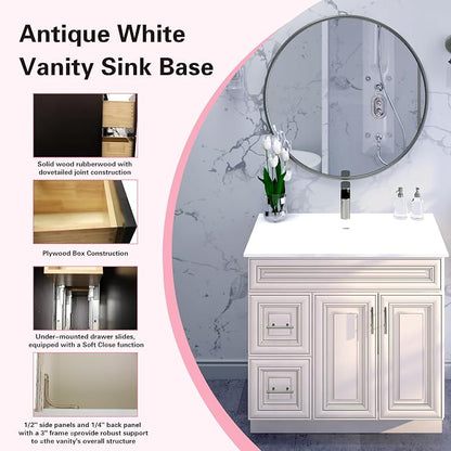 36" Antique White Bathroom Vanity Base – Ready-to-Assemble Sink Cabinet with Drawers, Freestanding Bathroom Vanity Base Only, No Top or Sink
