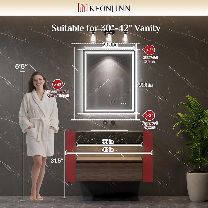 Keonjinn 30 x 36 Inch LED Bathroom Mirror with Lights, Frontlit & Backlit | Bluetooth Speaker, Bluetooth Mirror Bathroom, HD Tempered Glass, 3000K/4500K/6000K, Dimmable, Fast & Safe Defogging, CRI90+