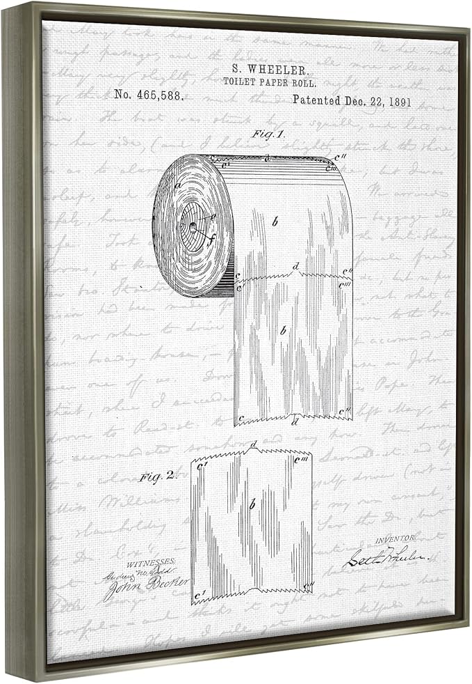 Vintage Patent Bathroom, 16 x 20 Inch Canvas in Floater Frame | Stupell Industries · By Lettered and Lined · Ready to hang · Great for bath and laundry decor · Made in USA