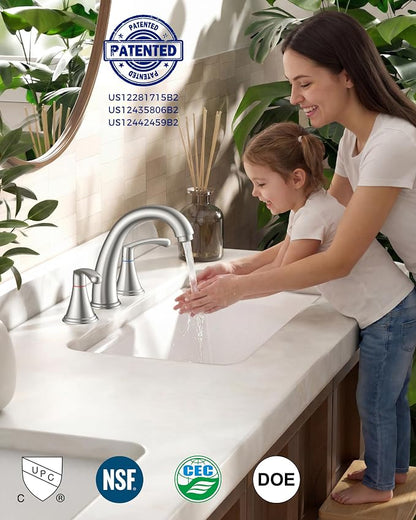 FORIOUS Bathroom Sink Faucet 3 Hole Widespread 8 Inch Brushed Nickel | 3-hole 6-12 Inch Widespread Sink Faucets with Drain and Water Supply Lines, for Vanity Rv Commercial Lavatory Restroom Basin
