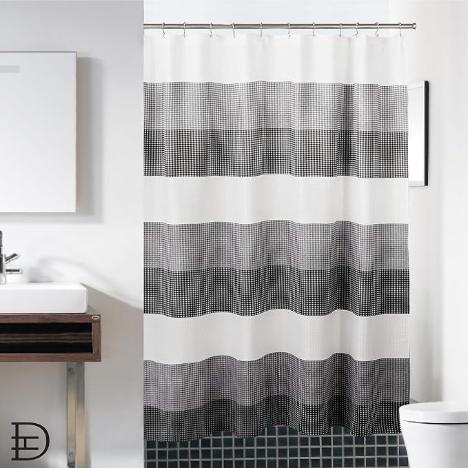Dainty Home Waffle Weave Waterproof Shower Curtains, Black 70" x 72", Bath Curtains, Shower Curtain Waterproof Fabric with 12 Roller Ball Hooks