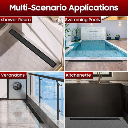 DLONE® Linear Shower Drain - 32 Inch Matte Black, with Tile Insert Pane | AISI 304 Stainless Steel Linear Drain, Rectangle Shower Floor Drain, with Adjustable Feet, Fits Bathroom & Balcony etc