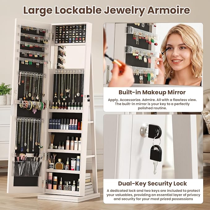 4-In-1 Jewelry Cabinet Jewelry Armoire Lockable Standing, White | Jewelry Organizer with Storage, Full-Length Mirror, 3 Storage Shelves, Makeup Mirror, 360 ° Swivel Jewelry Armoire for Women
