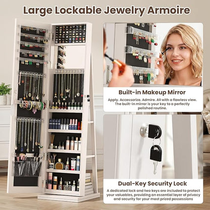 4-In-1 Jewelry Cabinet Jewelry Armoire Lockable Standing, White | Jewelry Organizer with Storage, Full-Length Mirror, 3 Storage Shelves, Makeup Mirror, 360 ° Swivel Jewelry Armoire for Women
