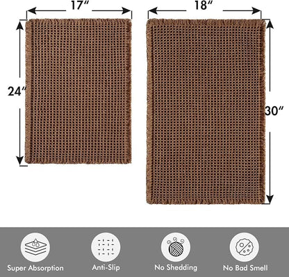 MIULEE Set of 2 Waffle Bathroom Rugs Boho Bath Mat Mocha 17"x24"+18"x30" | Non Slip, Super Absorbent, Washable, Ultra Soft, Rubber Backed, Small Bath Rugs for Bathroom Floor Tub Shower