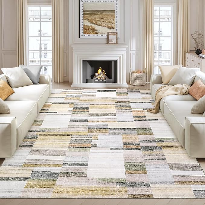 Large Area Rug 10x13 Area Rug for Living Room Washable Rug Modern Geometric Rug Non Slip Bedroom Rugs Low Pile Soft Stain Resistant Carpet for Dining Room Nursery 10'x13' Khaki&Grey