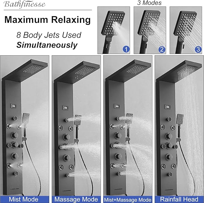 Stainless Steel Shower Panel Tower System Rain Massage System 6 IN 1 Body Spray Jets Shower Wall Panels Rainfall Waterfall Shower Head Tub Spout with Temperature Display,Matte Black