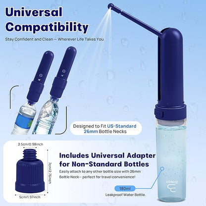 Portable Bidet for Travel with 180ml Bottle and Universal Adapter, 800mAh Battery for Upto 150 Uses on Full Charge with USB-C Cable, IPX7 Leakproof, 3 Pressure Modes Electric Travel Bidet