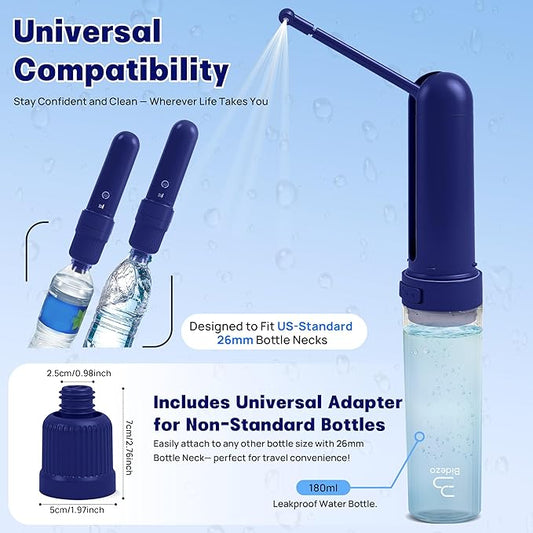 Portable Bidet for Travel with 180ml Bottle and Universal Adapter, 800mAh Battery for Upto 150 Uses on Full Charge with USB-C Cable, IPX7 Leakproof, 3 Pressure Modes Electric Travel Bidet