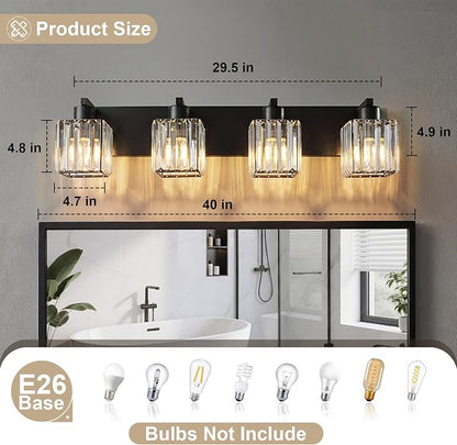 Modern Bathroom Vanity Light, 4-Light K9 Crystal Bathroom Lighting Fixtures Over Mirror, Black Vanity Light with Square Shade