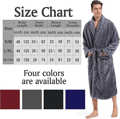 Inner Wish Mens Plush Fleece Robe, Cozy Warm Bathrobe Fuzzy Male Spa Long Robe With Pockets (DARK GREY)