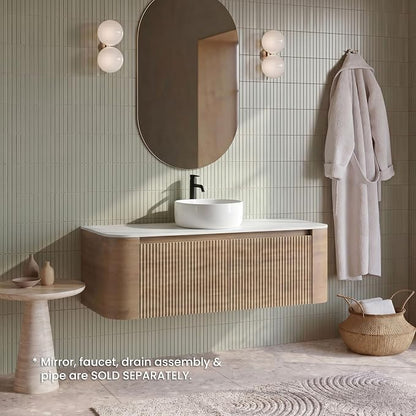 48" Preassembled Floating Bathroom Vanity with Round Sink, Oak | Mid-Century Modern Style, Fluted & Soft-Close Drawer with U-shaped Wall, Sinterted Stone Countertop, Towel Rack Included
