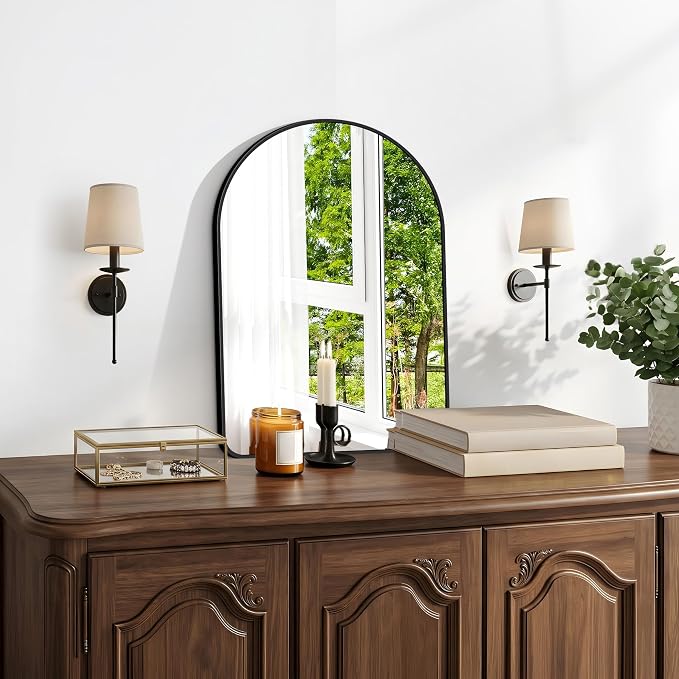 BONEWEI Arched Wall Mirror,18x24 inch Black Arched Mirror Bathroom,Vanity Mirror for Over Sink Metal Frame,Tempered Glass Arch Mirrors for Bedroom,Entryway,Living Room,Home Decor Shatter-Proof