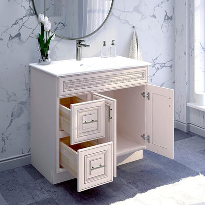 36” Antique White Bathroom Vanity Base – Ready-to-Assemble Sink Cabinet with Drawers, Raised Panel Storage, Base Only, No Top or Sink