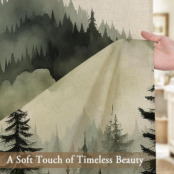 Litabel Dark Green Extra Long Linen Misty Pine Forest Shower Curtain 72 x 84, XL Mountain Foggy Woodland Cotton Shower Curtains for Bathroom, Abstract Waterproof Nature-Themed Decor