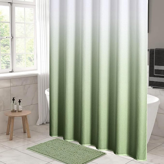 MitoVilla Extra Long Shower Curtain 72 x 84, Sage Green Ombre 84 inch XL Waffle Fabric Shower Curtains for Modern Luxury Bathroom Decor, Waffle Weave Textured 180GSM Weighted Shower Curtain 84 inch