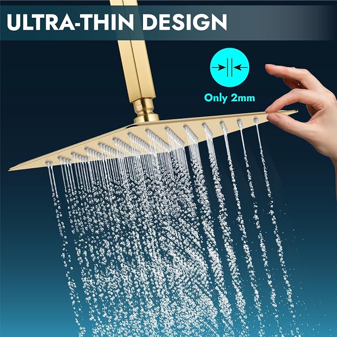 Midanya Square Rain Shower Head,High Pressure,Brushed Gold 10 Inch | 360°Swivel,Ceiling or Wall Mount,Waterfall Full Body Coverage,Bathroom Remodel,Stainless Steel Large Rainfall Shower Head