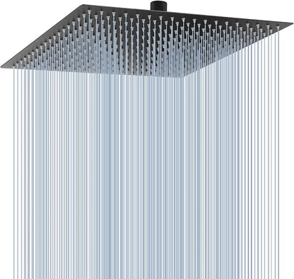 Voolan Oversize Rain Shower Head - High Flow Square Rainfall Showerhead - Waterfall Full Body Coverage - Universal Ceiling or Wall Mount (16 Inch, Matte Black)
