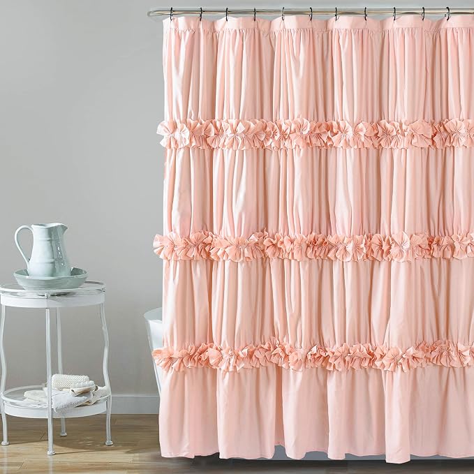 Homechoice Decor Peach Ruffle Shower Curtain, Handcrafted Bow Tie | Vintage Bath Curtain for Master Bathroom, Ruched Microfiber Bathroom Curtain with 12 Buttonholes, 72" W x 84" H (LQ-10)