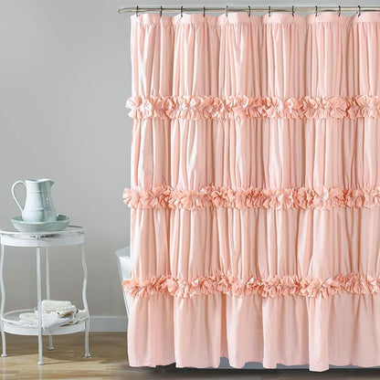 Homechoice Decor Peach Ruffle Shower Curtain, Handcrafted Bow Tie | Vintage Bath Curtain for Master Bathroom, Ruched Microfiber Bathroom Curtain with 12 Buttonholes, 72" W x 84" H (LQ-10)