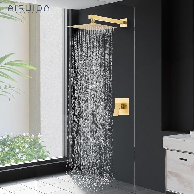 Airuida Shower Faucet Set,10 Inch Shower Valve Kit,Brushed Gold | Male Threads,Rough-in Valve Shower Trim Kit,Single Handle Control Shower Set
