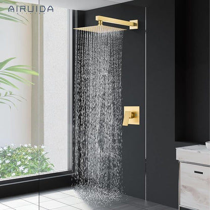 Airuida Shower Faucet Set,10 Inch Shower Valve Kit,Brushed Gold | Male Threads,Rough-in Valve Shower Trim Kit,Single Handle Control Shower Set