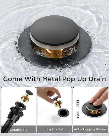 FORIOUS Black Bathroom Faucet 3 Hole, Widespread Bathroom Sink Faucet 8 Inch with Pop Up Drain and CUPC Supply Hose, 2 Handle for Vanity Rv Commercial Lavatory Restroom