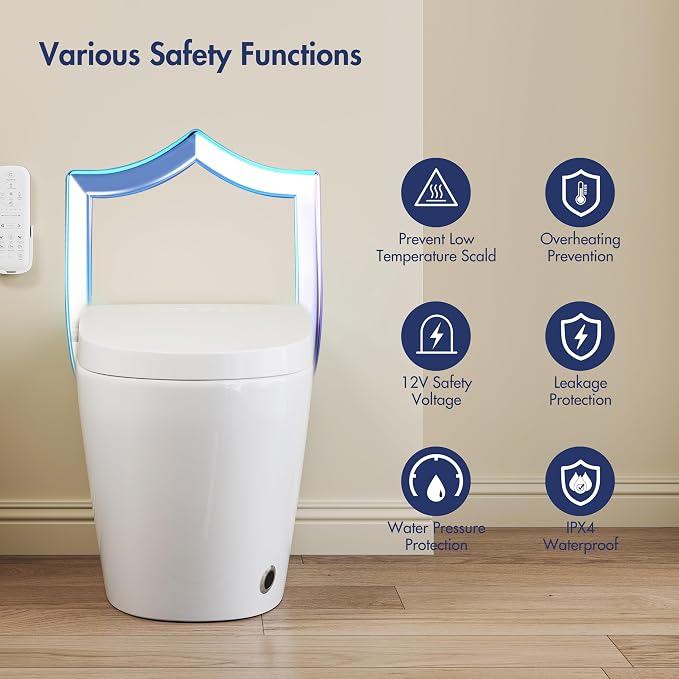 One Piece Smart Bidet Toilet, Wash & Dry, Foot Sensor Flush | Off Seat Auto Flush, Heated Seat, Instant Warm Water, Self Cleaning Wand, Adjustable Wash Settings, Pre Wet, Night Light