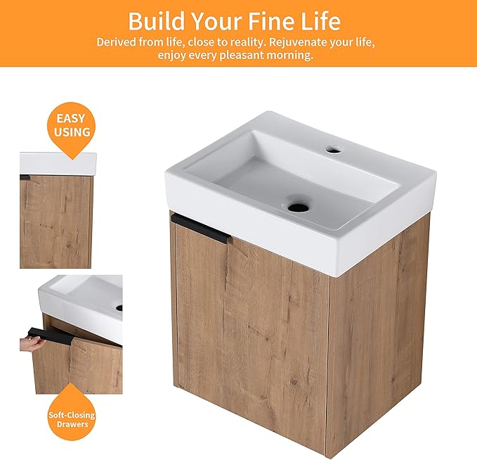 18 Inch Bathroom Vanity with Sink,Wall Mounted Bathroom Vanity Sink Combo with 1 Soft Close Door for Small Space,Modern Floating Bathroom Vanity with Top Basin & Storage Cabinet