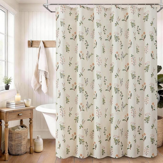 Colorful Star Farmhouse Beige Floral Linen Shower Curtain, 72" W x 72" L | Waterproof Shower Curtain Set with 12 Clear Hooks for Bathroom, Vintage Boho Farmhouse Linen Fabric Bathroom Curtains