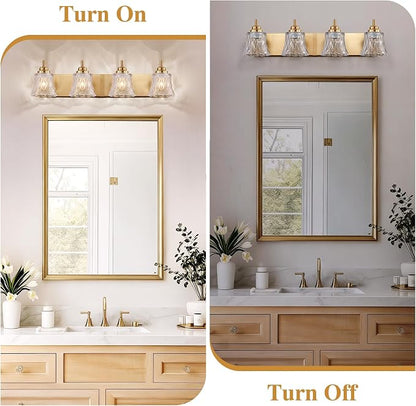 LmnLvn Brushed Gold Bathroom Light Fixtures, 4-Light Crystal Glass Shade | Mounted Over Mirror, Antique Brass Accents, Vintage Vanity Light for Bedroom & Living Room, Easy To Install