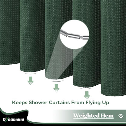 Extra Wide Waffle Shower Curtain 256 GSM Fabric 84x72 Dark Green | 84 Inch Wide, Thick Cloth, Weighted Hem, Water Repellent, Hotel Luxury Polyester Shower Curtain Set for Bathroom 14 Hooks