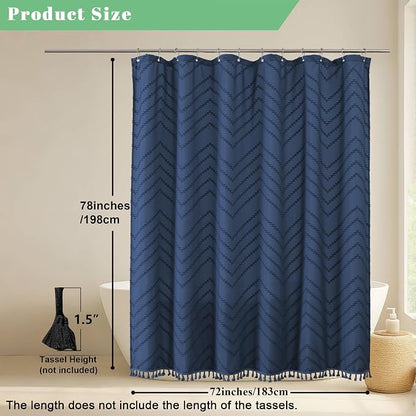 Dusty Blue Fabric Shower Curtain, Boho Shower Curtains for Bathroom Chic Tufted Chevron Striped Textured with Tassel, Soft Hotel Style Farmhouse, Machine Washable, 72x78, Dusty Blue