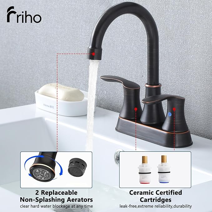 Friho Centerset Lead-Free Modern Commercial 2-Handle Oil Rubbed Bronze Bathroom Faucet, 3 Hole 4 inch RV Bath Vanity Faucets with Drain Stopper and Water Hoses
