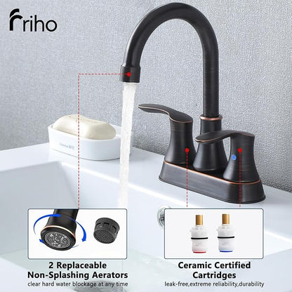 Friho Centerset Lead-Free Modern Commercial 2-Handle Oil Rubbed Bronze Bathroom Faucet, 3 Hole 4 inch RV Bath Vanity Faucets with Drain Stopper and Water Hoses