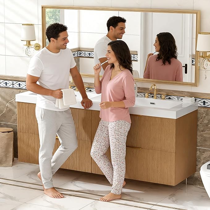 60" Bathroom Vanity with Sink Combo, Floating Double Sink Bathroom Vanity with SMC Resin Top, MDF Cabinet with 4 Drawer, Wall-Mounted Bath Room Vanities for Large Bathrooms (60''-Wood-4)