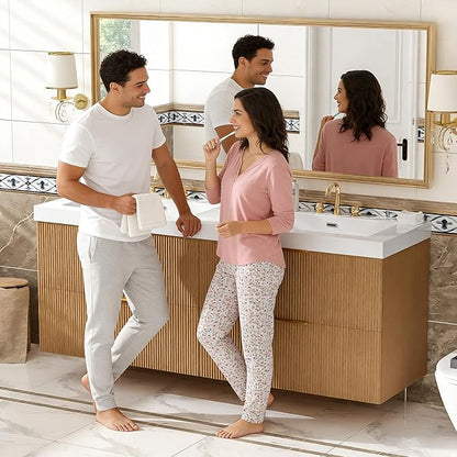 60" Bathroom Vanity with Sink Combo, Floating Double Sink Bathroom Vanity with SMC Resin Top, MDF Cabinet with 4 Drawer, Wall-Mounted Bath Room Vanities for Large Bathrooms (60''-Wood-4)