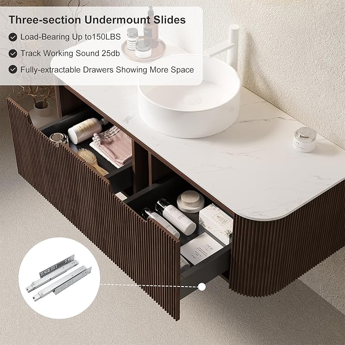 48" Floating Bathroom Vanity with Sink, Wall-Mount Cabinet 2 Large Storage Drawer, White Round Ceramic Basins with Stone Pattern and Marble Top, Soft-Close Design, Dark Walnut