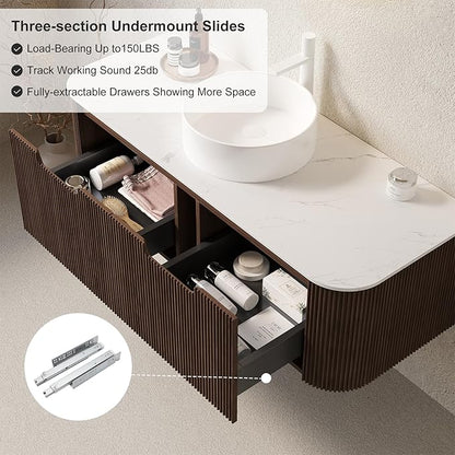 48" Floating Bathroom Vanity with Sink, Wall-Mount Cabinet 2 Large Storage Drawer, White Round Ceramic Basins with Stone Pattern and Marble Top, Soft-Close Design, Dark Walnut