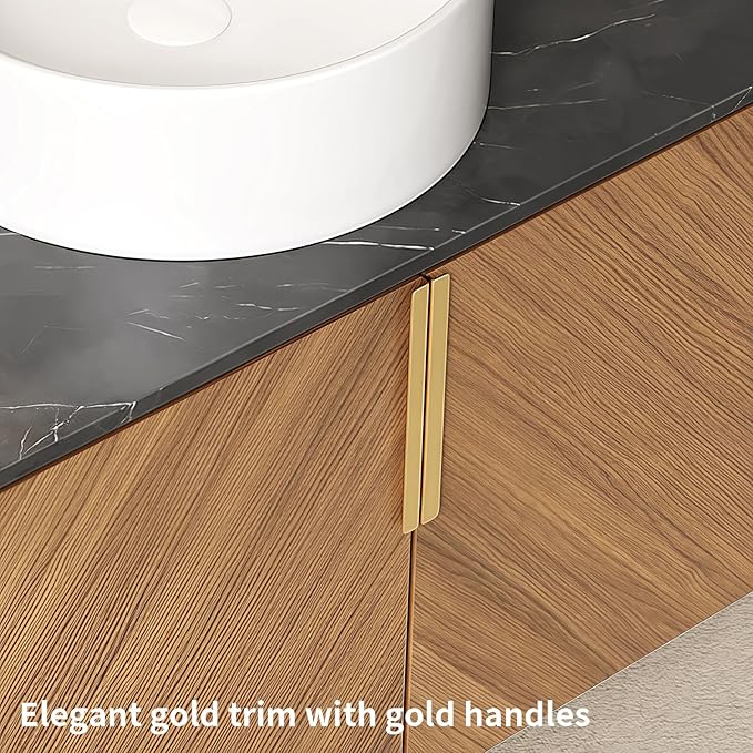 30 Inch Floating Vanity with Sink Combo, Modern Bathroom Vanity with Vessel Sink, Wall-Mounted Bathroom Vanity Cabinet with Doors, Sintered Stone Countertop and Round Basin,Brown Oak