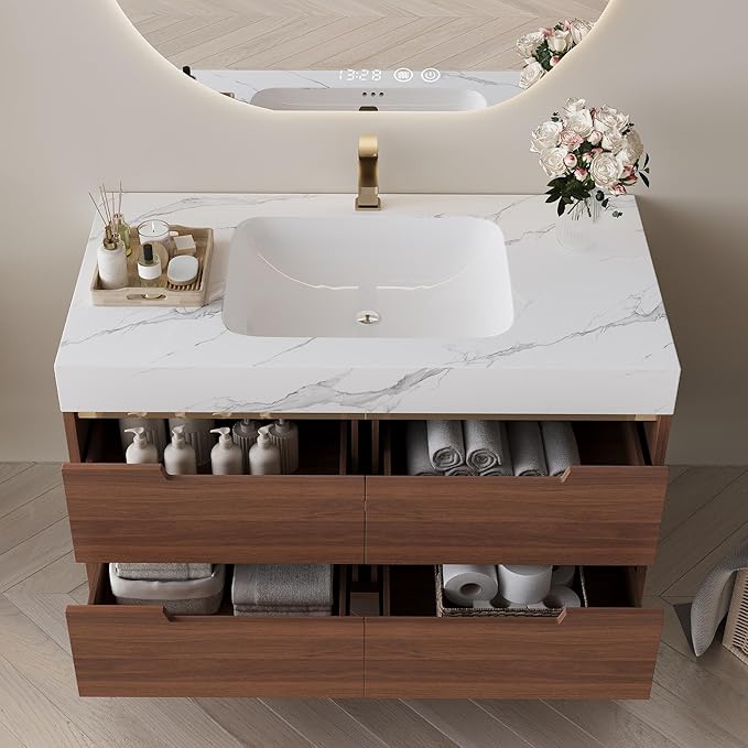 36" Bathroom Vanity with Undermount Sink Set, Modern 2-IN-1 Wall Mounted & Freestanding Bathroom Vanities Cabinet with Sintered Stone top&4 Storage Drawers, Walnut Single Bathroom Sink Cabinet