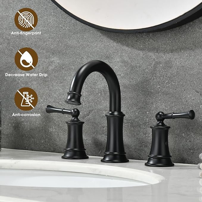 Black Bathroom Faucet, 8 Inch Bathroom Sink Faucet with Pop-up Drain Assembly, Widespread Bathroom Faucet with cUPC Supply Lines for Vanity, Lavatory RV Farmhouse Sink(L2304-BK)