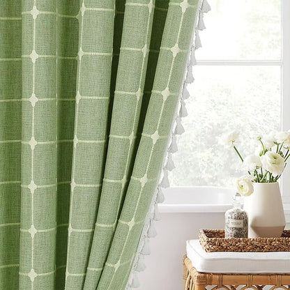 MitoVilla Boho Small Stall Shower Curtain 36 x 72, Sage Green Half Size Narrow Polyester Linen Tassel Cloth Fabric Shower Curtains for Chic Modern Farmhouse Country Bathroom Decor