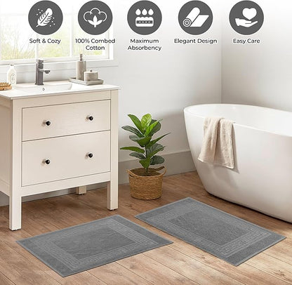 Superior Heavyweight Cotton Bath Mats, Bath Rugs For Bathroom Accessories, Washable Rug For Shower, Bath, Toilet, Modern Decor, No Backing, Luxury Hotel And Spa Quality, Set of 2, 22" x 35", Silver